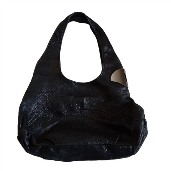 Halston Heritage Women's Black Pebbled Leather Metal Hinge Monogram Hobo Purse - Picture 13 of 15